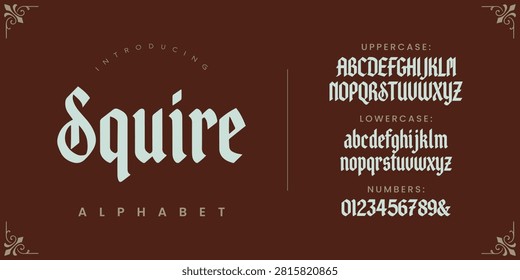 Squire Alphabet gothic typography for medieval fantasy game logo design and vintage lettering banner