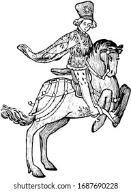 The Squire from Chaucer's Canterbury Tales, this picture shows The Squire riding on horse,  vintage line drawing or engraving illustration