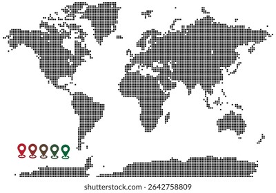 Mapa de mundo pontilhado em forma de escudo mostrando detalhes de terra e oceano