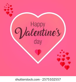 Squire social media post design of valentine’s day with pink and red gradient heart shapes. Place a happy valentine’s day calligraphy text on a heart shape. social media post design for february 14.