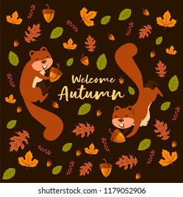 Squirly Iluustration With Leafs And Nuts Oak Pattern For Autumn