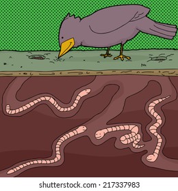 Squirming worms underground with pecking bird cartoon