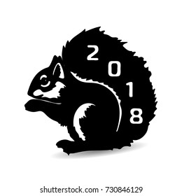 Squirrel 2018 sitting, black silhouette on a white background.vector