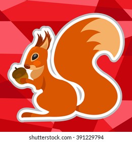 Squirrel with acorn in a cartoon style on polygon red background.