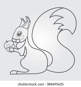 Squirrel with acorn in a cartoon style outline drawing.