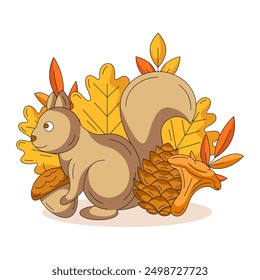 Ardilla con bellota, champiñón chanterelle, cono de abeto rodeado de hojas de roble. Linda Ilustración vectorial plana de otoño, composición de otoño. Animal salvaje del bosque. Para la tarjeta de felicitación, postal, día de acción de gracias