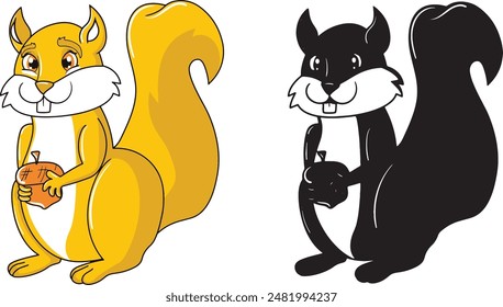 Squirrel with Acorn Color And Silhouette Illustration.