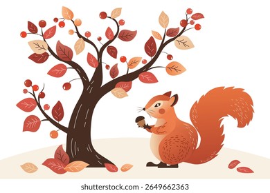 Squirrel with an acorn. Cute squirrel picks an acorn from a tree. Vector illustration of a squirrel and an autumn oak tree.