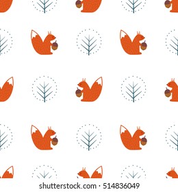 Squirrel with acorn and decorative tree seamless pattern on white background. Cute cartoon animal illustration. Design for fabric, textile, decor. 