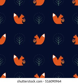 Squirrel with acorn and decorative tree seamless pattern on dark blue background. Cute cartoon animal illustration. Design for fabric, textile, decor, wallpaper.