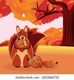 squirrel with acorn and dry leaves autumn