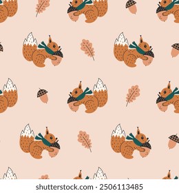 Squirrel and Acorn Fall Seamless Pattern. Cozy Autumn Background with hand drawn forest animal in scarf. Repeat vector illustration for kids.