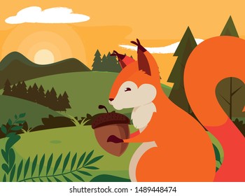 squirrel acorn happy autumn season flat design