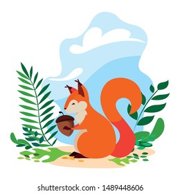 squirrel acorn happy autumn season flat design