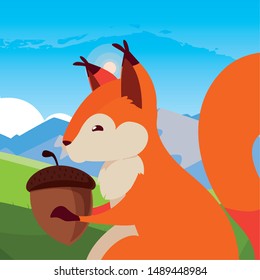 squirrel acorn happy autumn season flat design