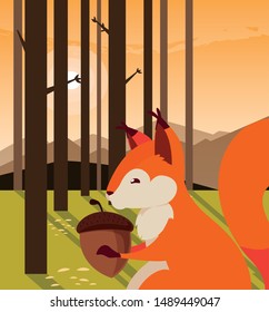 squirrel acorn happy autumn season flat design