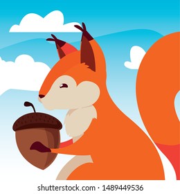 squirrel acorn happy autumn season flat design