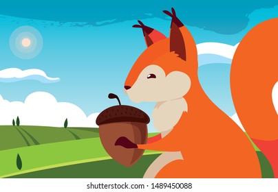 squirrel acorn happy autumn season flat design