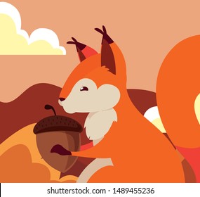 squirrel acorn happy autumn season flat design