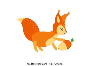 Squirrel with acorn isolated in white background. Illustration of playful baby squirrel. Vector illustration in cartoon style