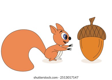 Squirrel and acorn isolated white background. Flat style vector clip art with squirrel can used t-shirt print. Ice age art. EPS 10 Editable stroke