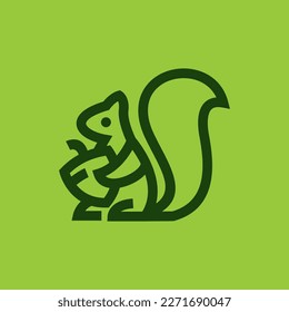 ardilla con icono de línea de bellota diseño vectorial, diseño de pictograma logo moderno de ardilla pequeña en estilo abstracto aislado en fondo verde