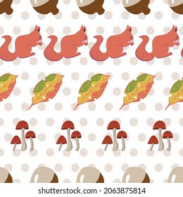 Squirrel, acorn, mushroom, leaf seamless pattern for autumn, vector illustration