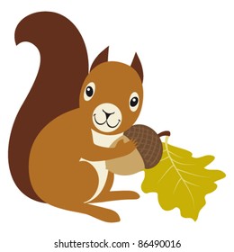 Squirrel With Acorn And Oak Leaf On White Background