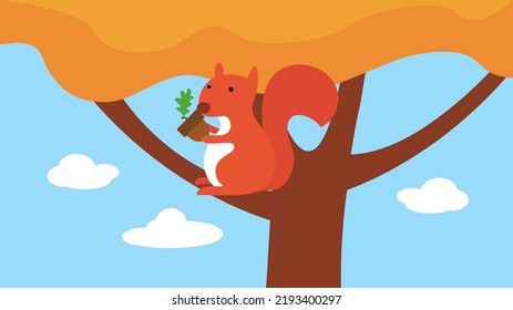 squirrel with an acorn on an autumn tree