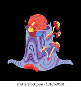 A squirrel with an acorn on a stump. Summer forest animals and plants. Colored decorative doodle. 