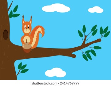 squirrel with an acorn on a tree branch blue sky clouds