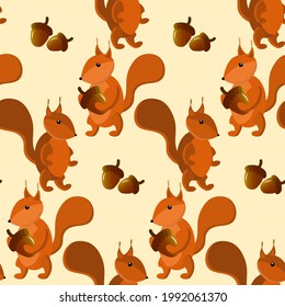 Squirrel and acorn pattern. Autumn illustration for children. Vector drawing for use in childrens prints, packaging, fabrics, stores, wallpapers, covers and brochures.