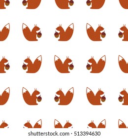 Squirrel with acorn seamless pattern on white background. Cute cartoon baby animal illustration. Autumn design for fabric, textile, decor. 