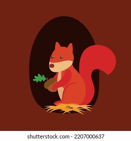 A squirrel with an acorn sits in a hollow
