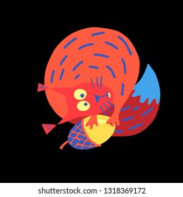 A squirrel with an acorn. Summer forest animals and plants. Colored decorative doodle. 