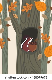 Squirrel with acorn in tree hollow autumn leaves wood vector illustration