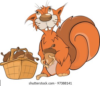 The squirrel and acorns. Cartoon