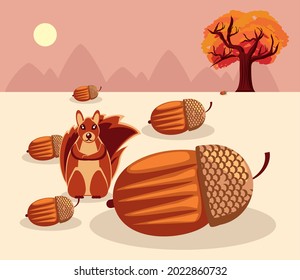 squirrel with acorns and tree autumn scenery