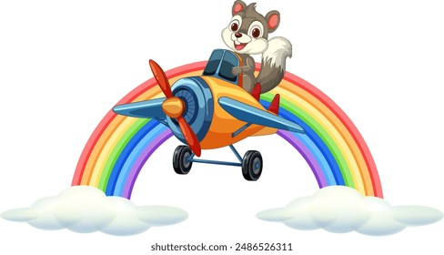 Squirrel in airplane soaring above rainbow and clouds