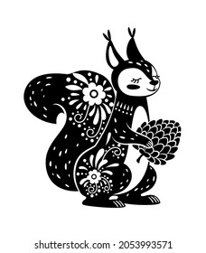 Squirrel animal drawn in boho style black. Vector black squirrel boho illustration, drawing cartoon forest doodle animal
