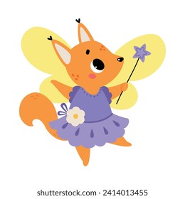 Squirrel Animal Fairy in Pretty Dress with Magic Wand and Wings Vector Illustration