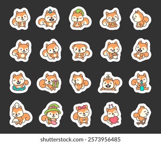 Squirrel animal set featuring various poses and accessories for adorable kawaii cartoon characters in festive and cheerful scenes with smiling, sitting, sleeping, and celebrating emotions.