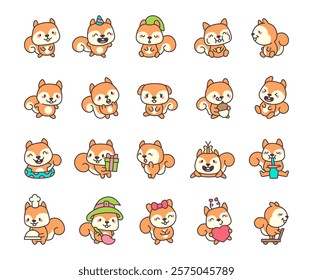 Squirrel animal set featuring various poses and accessories for adorable kawaii cartoon characters in festive and cheerful scenes with smiling, sitting, sleeping, and celebrating emotions.