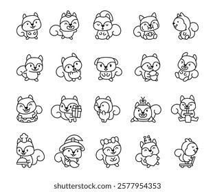 Squirrel animal set featuring various poses and accessories for adorable kawaii cartoon characters in festive and cheerful scenes with smiling, sitting, sleeping, and celebrating emotions.