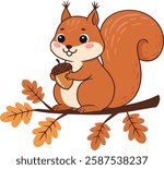 The squirrel appears joyful while holding an acorn, surrounded by vibrant autumn leaves in the second frame.