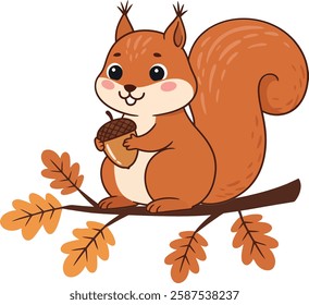 The squirrel appears joyful while holding an acorn, surrounded by vibrant autumn leaves in the second frame.