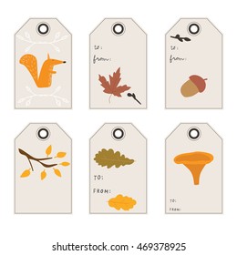 Squirrel, autumn elements. Set of Tags with autumn for Thanksgiving Day, autumn birthday presents and gifts. Collection tags, cute tags, Set tags, printable tags, hand drawn tags