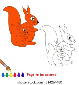 Squirrel and baby to be colored, the coloring book to educate preschool kids with easy kid educational gaming and primary education of simple game level.