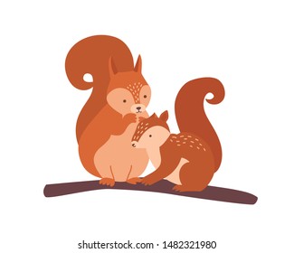 Squirrel with baby isolated on white background. Lovely family of cute funny wild forest arboreal animals. Parent with youngling, mother and offspring. Flat cartoon colorful vector illustration.