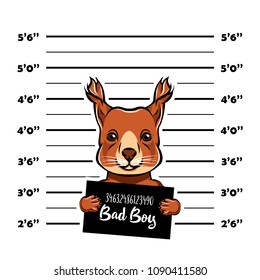 Squirrel Bad Boy Criminal. Arrest Photo. Police Records. Squirrel Prison. Police Mugshot Background. Vector Illustration.